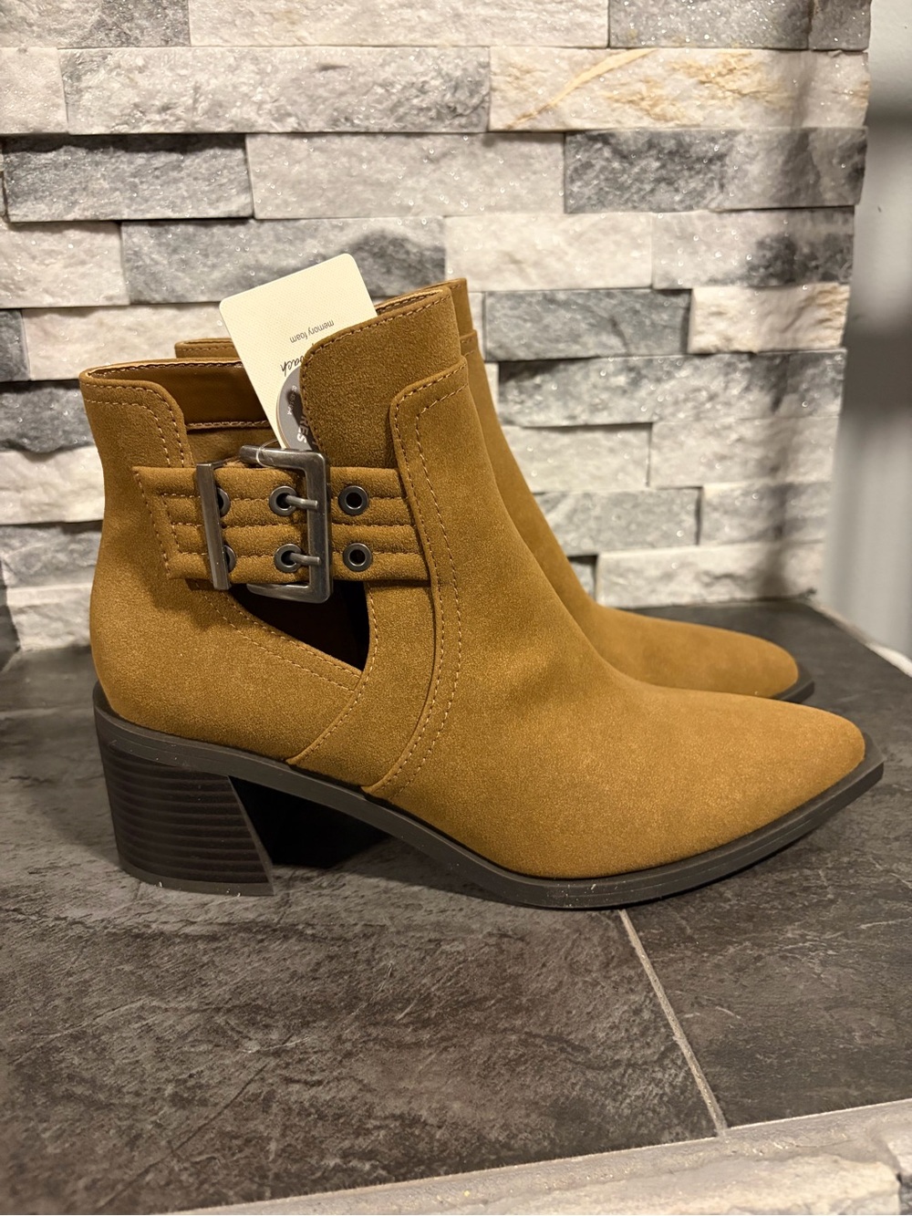 Women’s Tan Suede Ankle Boots with Buckle Accent